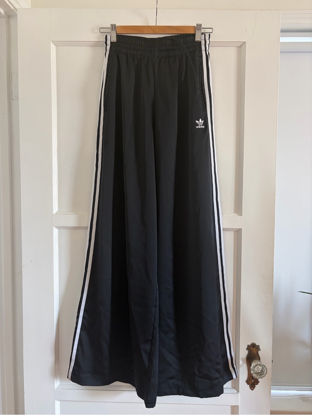 Adidas Wide leg Satin Black Track Pants with White Side Stripes